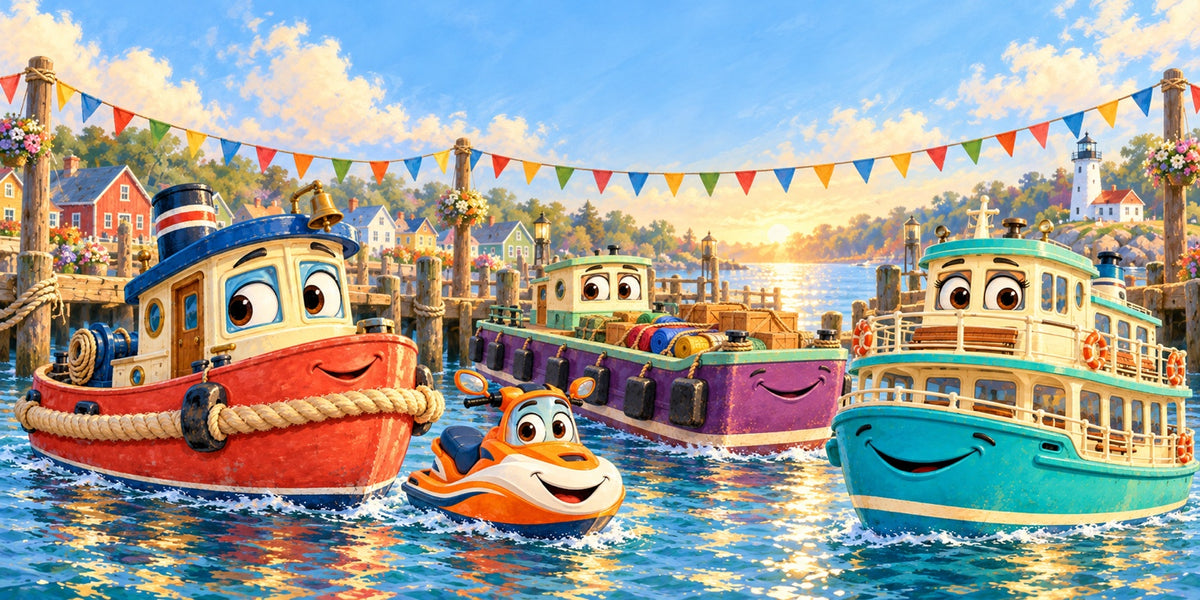 Tuggleston, Pip, Mabel and Fern smiling together in festive Bluebell Harbor